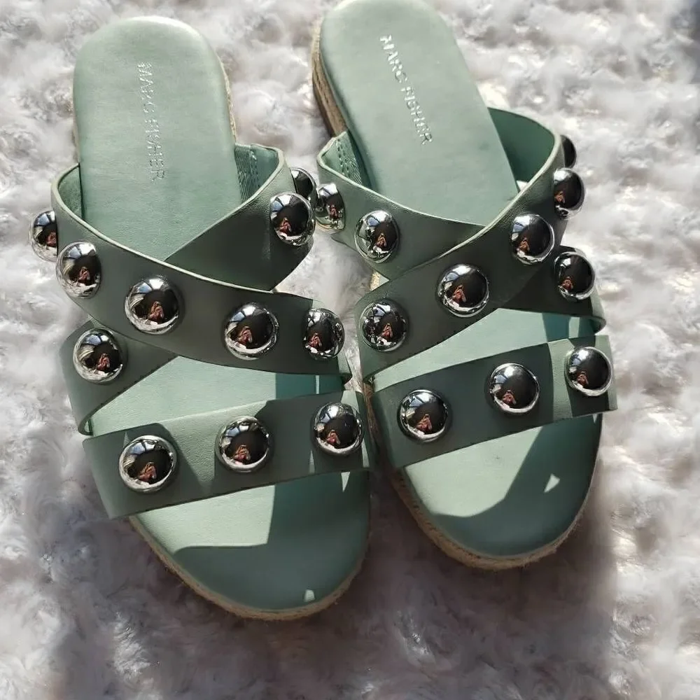 Marc Fisher Women Sandal Prisca Slip On Studded Espadrille Blue Size 6